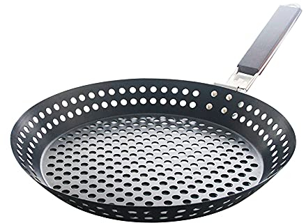 HUIOP Metal Grill Pan Non-Stick with Wooden Handle Foldable Grill Pan with Holes Removable Handle Outdoor Topper Grill Pan for Vegetables Meat and Seafood