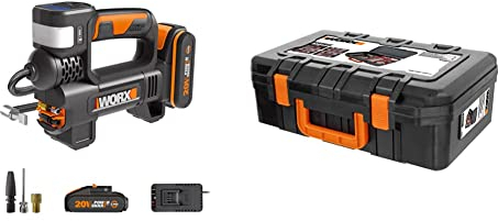 WORX - Luftkompressor und LED-Projektor, kabellos, 150 PSI – 20 V-2 Ah – WX092 & WA0071 Werkzeugkoffer aus robustem Kunststoff