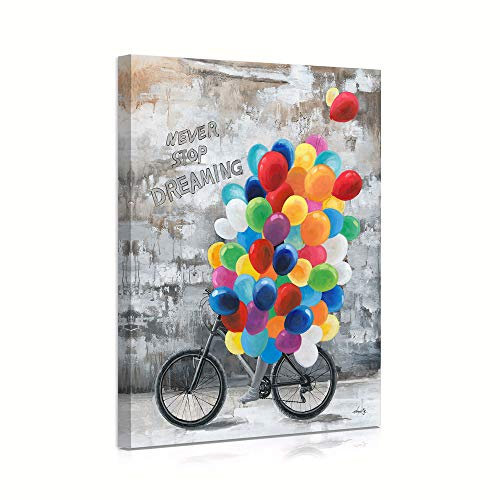 Leinwandbild Balloon Girl: Never Stop Dreaming, inspirierendes Gemälde für Teenager, gerahmt, 60 x 80 cm, Graffiti-Mädchen im Fahrrad, für Schlafzimmer-Dekor
