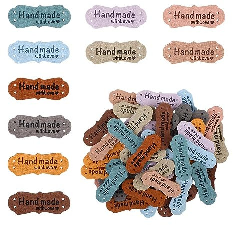Teaaha 50 Stück label nähen handmade label leder PU handmade label zum annähen aus Wildleder Verschönerung Stricken mit Handmade Liebe Geprägte Tag für DIY Jeans Hut(10 Farben)