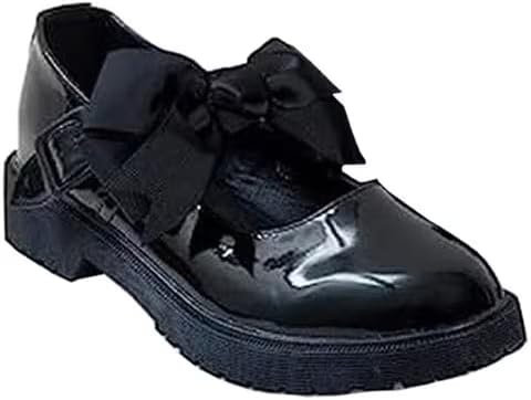 Gizelle® Girls Patent Black Mary Jane School Shoes with Detachable Bow On Strap - Toddler Kids Back to School Comfortable Anti-Slip Uniform Flat Shoes UK-7uk