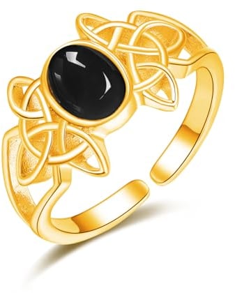 KINGWHYTE Schwarzer Onyx Ring 925 Sterling Silber Gold Siegel Ringe für Frauen Offene Keltische Statement Ringe Onyx Schmuck für Frauen Mädchen Damen