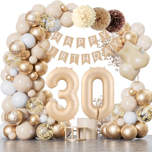 30 Geburtstag Deko, 30 Geburtstag Frauen Männer, Geburtstagsdeko 30 Beige Gold Ballon Deko mit Happy Birthday Banner, Deko 30. Geburtstag Luftballons für Frauen Männer 30 Jahr Geburtstagdeko