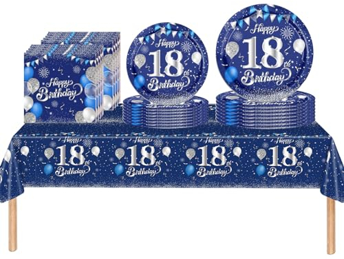 53Pcs Reusable Navy Blue and Sliver Happy 60th Birthday Party Tableware Set,Biodegradable Paper Plates Napkins Table Cloth Reusable 18th Birthday Table Decorations Tableware Kit for Man Men