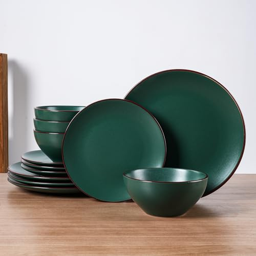 Famiware Venus - Juego de platos y cuencos de 12 piezas para 4, juego de vajilla de cerámica con ribete, platos minimalistas modernos para uso diario y formal, resistente a las astillas, apto para