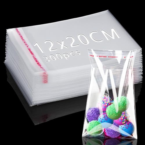 300 Stück Cellophantüten Selbstklebend 20x12cm OPP Tütchen Zellophantüten Klein Transparente Plastiktüten Selbstklebend Kekse Tüten Flachbeutel Klebeverschluss für Süßigkeiten Keksen Nüssen Schmuck