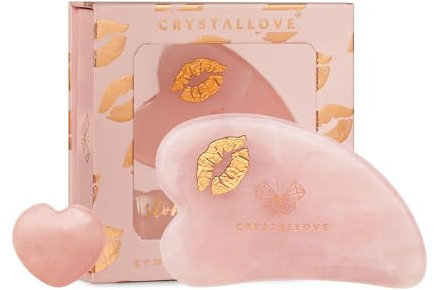 CRYSTALLOVE Pietra Gua Sha - Quarzo rosa LOVE - Rullo da massaggio - Forma di cuore - Tavola Guasha - Massaggio facciale per viso, occhi, gonfiore della pelle del viso - Massaggiatore del viso