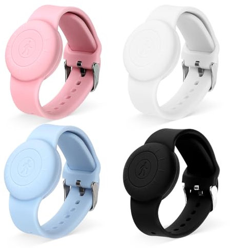4pcs Bracelets pour Enfants pour Airtag, Étanche Bracelet de Montre à Couverture Complète Réglable Caché Support de Traceur GPS Silicon pour Apple Air Tag (Rose, Bleu, Blanc, Noir)
