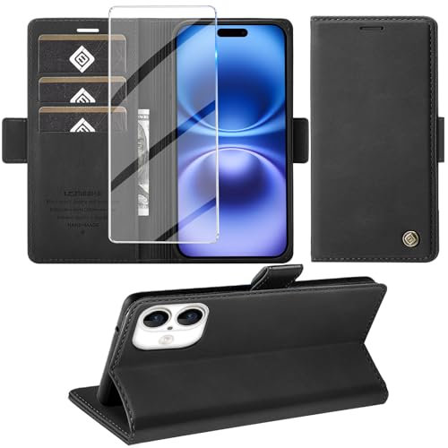 Giyer Handyhülle für iPhone 16 Hülle mit Schutzfolie, Kartenfach Wallet Klapphülle Premium Leder Standfunktion Schutzhülle für iPhone 16 4G/5G Flip Case Cover Tasche (Schwarz)