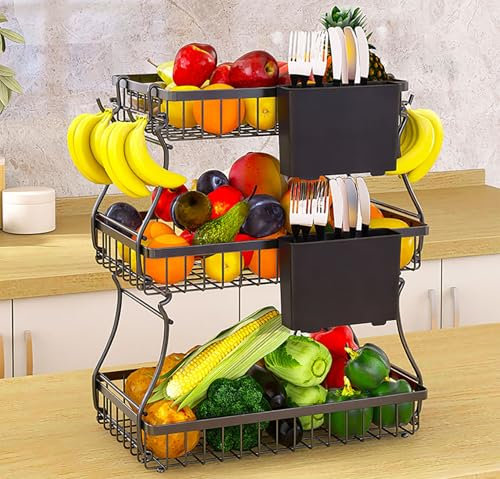 3 Tier Fruit Bowls Basket with 4 Banana Hanger Hooks, Countertop Fruit Vegetable Bread Basket with 2 Large Storage Holder for Kitchen