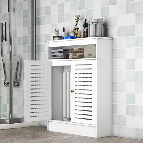 AHDFY Radiator Cover White - Radiator Shelf for Cast Iron Radiators No Drill Radiator Cover for Home Louvered 2 Doors, for Living Room Bedroom Bathroom Cabinet,90x100x25cm