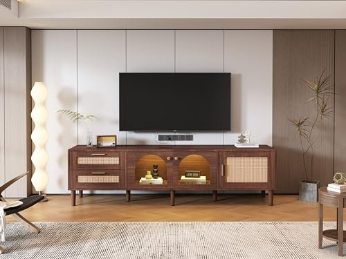 Jaxenor TV Stand Cabinet, 180cm Long TV Unit for Living Room, TV Media Units with Storage 2 Rattan Drawers 2 Curved Glass Doors, Modern Large Entertainment Unit TV Table (Brown)