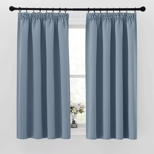 PONY DANCE Rideau pour Petite Fenetre - Rideau Court Occultant Thermiques Décoration Chambre Cuisine Double Panneaux pour Maison Galon Fronceur Brise-bise, L 140 x H 145 cm, Bleu Vintage