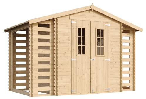 Holzhaus Gartenhaus mit Brennholzschuppen TIMBELA M391C - Gartenschuppen Holz B328xL206xH218 cm/ 3,53 + 0,97 + 0,97 m2 Lagerschuppen für Garten - Fahrrad Schuppen - Wasserfestes Dach