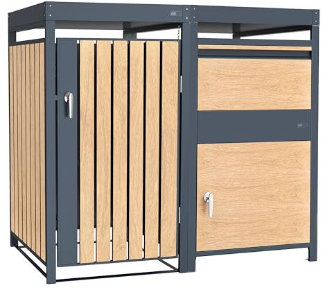 AXI Leon Cache Poubelle avec Louis boîte aux Lettres Anthracite/Effet Bois – 1 conteneur - Max. 240L - Abri Poubelle Extérieur avec Excellente Ventilation | Boîte à Colis 68 x 80 x 124 cm