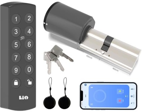 Lio Home Smart Lock, Elektronisches Türschloss mit Tastatur, Schließzylinder 40/40, Tür Entsperren über NFC-Karten, Zahlencode, APP, Schlüssel, Smartes Türschloss mit Akku und Ladegerät.