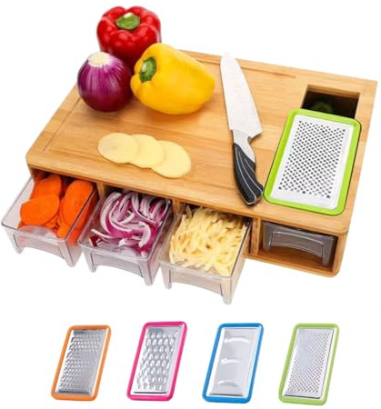 Jeap Tagliere in Legno di Bamboo con Grattugie e Contenitori | Kit completo con Contenitori e Utensili per tagliare, affettare e tritare | Ideale per verdure e formaggi | 40x26x9,5 cm