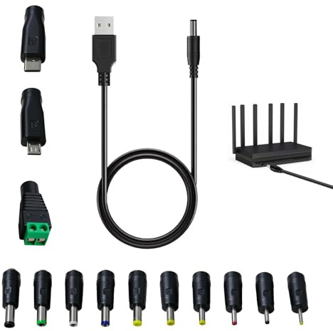 Câble Alimentation 5V USB 2.0 vers DC Universel, 13 Connecteurs Interchangeables Dont Type-C et Cable Mini USB, Câble Charge Durable 1m Cuivre Pur pour Routeur, Haut-Parleur(1M Noir)
