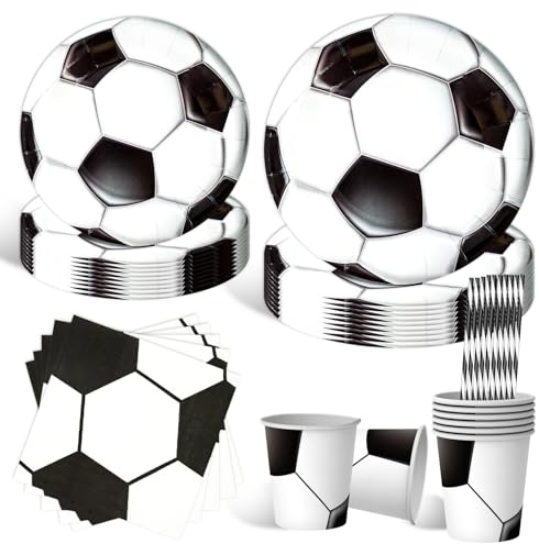 Fußball Partygeschirr Set, 50 Stück Fußball Deko Geburtstag Kinder Pappbecher Teller Servietten,Mädchen Junge Mottoparty Kindergeburtstag