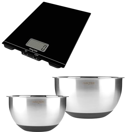 Salter Expert Mixing Bowl & Digital Kitchen Scale Set - 2 Stainless Steel Bowls (20cm & 24cm) with Non-Slip Base, 5kg Electronic Platform Scale with Add & Weigh Function