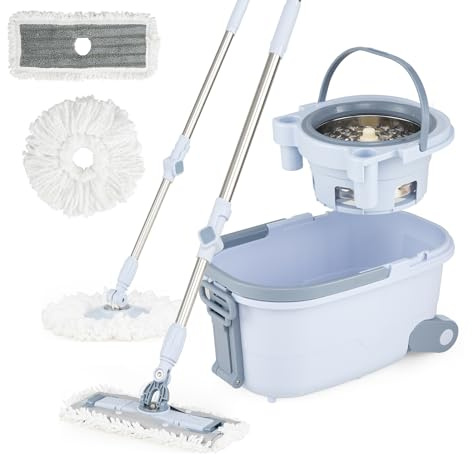 GIANTEX Balai serpillère avec Seau, serpillère rotative à 360° en Microfibre avec poignée Extensible, Seau à 2 Compartiments avec essoreur, Roues et poignée, Ensemble de 3 serpillères (Ensemble de