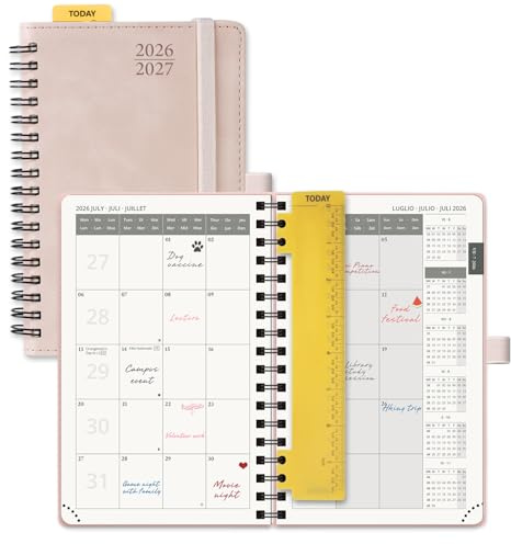 POPRUN Agenda Månadskalender 2026 2027 Pocket 16 x 10,5 cm, Juli'26 - Dec'27, 18 Månader, Liten A6 Kalender, Mjuk Spiralbindning, Linjal, Papper 100 gsm,Rosa
