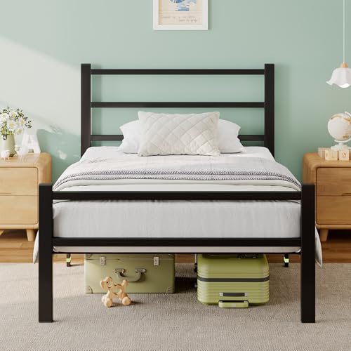 FEONASE Metal Single Bed Frame With Stylish Headboard And Footboard,Single Bed Frame Easy Assembly, Ample Under-bed Storage Space (Black, 90x190cm)