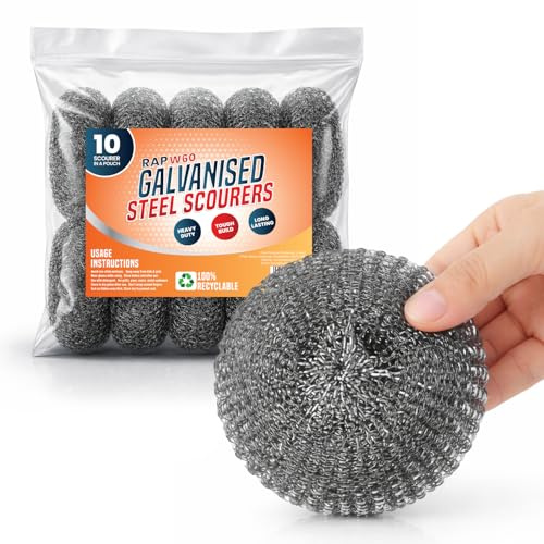 Metal Scourers 10 Pack Heavy Duty Galvanised Steel Wire Scouring Pads | W60 45g large wire wool scourers for grill, BBQ, pots and pans. Removes tough stains and burnt on grease