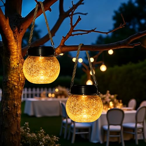 Solar Laternen Außen 2er Set - IP65 wasserdichte Hängende Solarlampen mit Warm-Amber & RGB Farben, Crackle Glas LED Kugelleuchten Gartendekoration für Terrasse, Baum, Gartenweg, Geländer