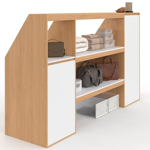 IDMarket - Set Regal 2 Ebenen, Schrank 1 Tür und Schrank 1 Tür + 1 Nische unter Dachschräge TOMI Buche und Weiß
