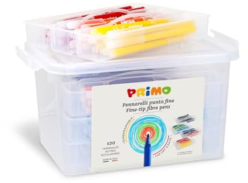 Primo - 120 Filzstifte mit Feiner Spitze 2,5 mm für Kinder ab 3 Jahren, Abwaschbar, Malkoffer für Kinder, 12 Farben zum Malen, Zeichnen und Kreative Arbeiten, Produkt für Schreibwaren und Schule