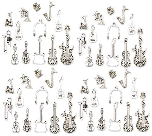 Zhiheng Assorted 52pcs Musical Instrument Alloy Pendants Bass Guitar Horn Cello Viola Trumpet Sax Wine Glass Charms Bracelet Necklace Jewelry Making Beads for Birthday Christmas Valentine's Gift