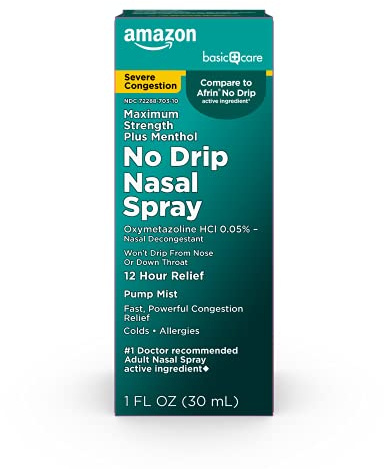 Amazon Basic Care No Drip Severe 12 Hour Nasal Decongestant Pump Mist, Maximum Strength Plus Menthol, Allergy Relief, 1 fl oz (Pack of 1)