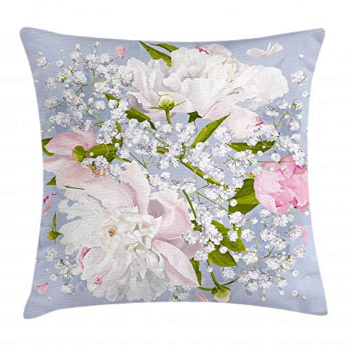 ABAKUHAUS Blumen Kissenbezug, Braut Pfingstrosen Blätter, Wasser und Schmutz resistent Waschbar Beidseitiger Druck mit Reißverschluß, 40 x 40 cm, Helllila Weiß