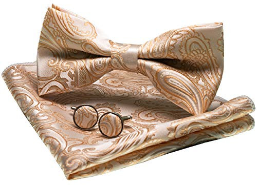 JEMYGINS Paisley Fliege und Einstecktuch mit Manschettenknöpfe Sets für Herren, Gold, M