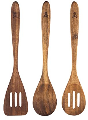 Scalpers Home | Küchenutensilien-Set | 3 Holzlöffel | aus 100% Akazienholz | mit Totenkopf-Details | leicht zu reinigen und aufzubewahren