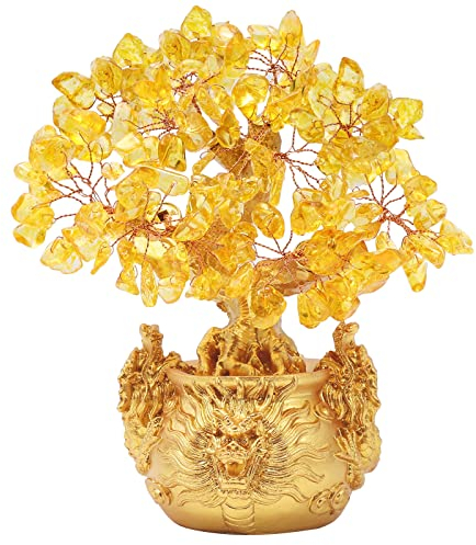 Bwinka Feng Shui Kristall-Geldbaum, Bonsai mit chinesischer Dekoration für Glück und Reichtum, Citrin/Gelb