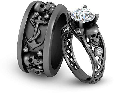 2,35 Karat Diamant-Totenkopf-Verlobungsring für Paare, Anker-Totenkopf-Ehering aus 925er-Sterlingsilber