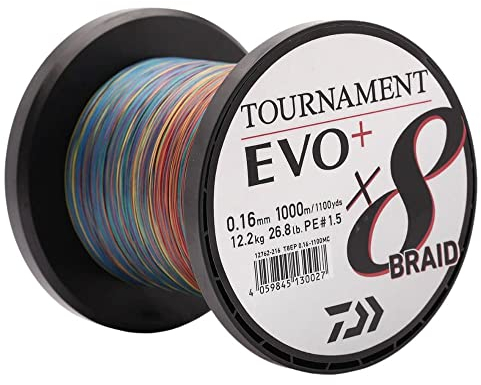 Daiwa Tournament x8 Braid EVO+ 0.16mm, 12.2kg/26.8Lbs, 1000m, Mehrfarbig, Geflochtene Angelschnur, 12762-216