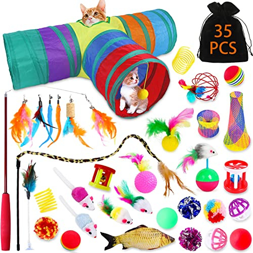 JOTOL Kit de Jouets Interactifs pour Chats - 35 Pièces avec Tunnel, Poisson, Souris, Plume, Balle, Bâton Drôle - Jeux pour Chaton