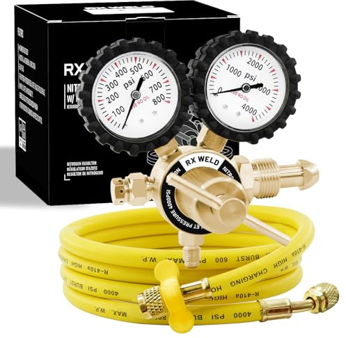 RX WELD Nitrogen Regulator with 0-800 PSI, CGA580 Inlet, Delivery Pressure Equipment Brass Inlet Outlet Connection Gauges with Refrigeration Hose