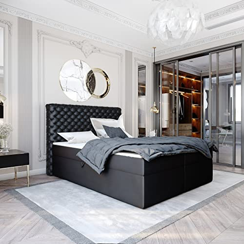 Boxspringbett Doppelbett EXFORD - 160x200cm Bett mit Bonellmatratze, mit Bettkasten für Bettwäsche und Topper. EIN Bett mit einem klassischen Chesterfield-Kopfteil. (Magic 2219, 160x200)