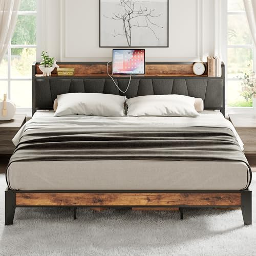 LIKIMIO King Size Bed Frame with Storage Headboard and Charging Station