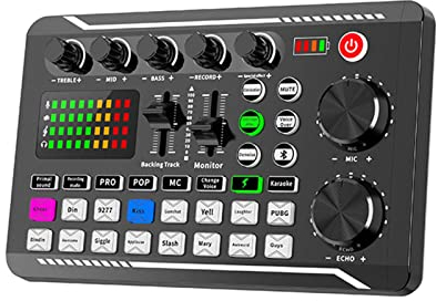 Kisbeibi Live Sound Card with LED Light Universal Bluetooth Stereo Audio Mixer Voice Changer Phone Computer Sound Card for Podcast Streaming PC Recording Studio and Gaming