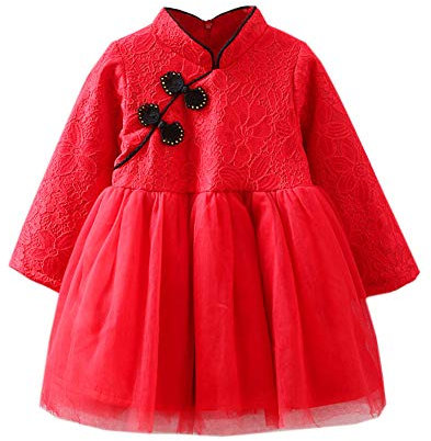 Mud Kingdom Robe florale à manches longues en dentelle avec tuttle style traditionnel chinois Nouvel An, Rouge incliné, 6 ans