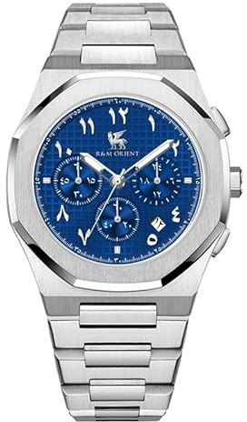 R&M ORIENT Herrenuhr Chronograph mit arabische Ziffer Edelstahl Quarz Saphirglas Leuchtzeiger Stoppuhr Große Armbanduhr Männer Wasserdicht arabischer Kalender Datum (Babylon, Silber – Blau Tapisserie)