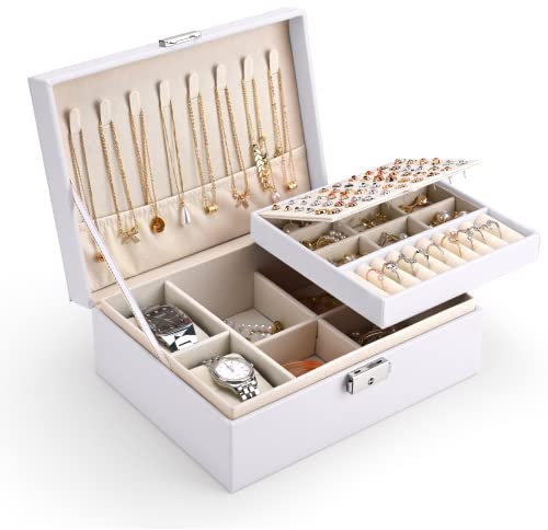 Yordawn Portagioie Donna Ragazza 2 Strati Porta Gioielli in Pelle PU Portagioielli Chiudibile a Chiave Portatile Scatola Porta Oggetti Viaggio per Orecchini Anelli Bracciali Orologi, Bianco