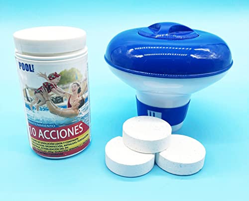 Cloro 10 Acciones + Dosificador Flotante | Mantenimiento de Piscina | Tratamiento Multiacción | Formato 1 kg | POOLiberica