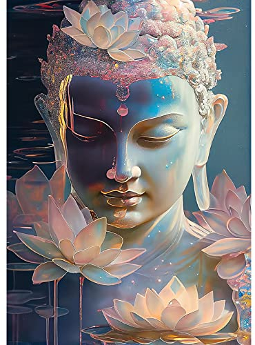 QENSPE 5D Diamond Painting Erwachsene Buddha Statue Diamant Painting Bilder Lotusblume Diamond Art Full DIY Diamant Kunst Malerei Stickerei Set Kreuzstich Bilder Home Wand Dekor 30x40cm Silberfarben
