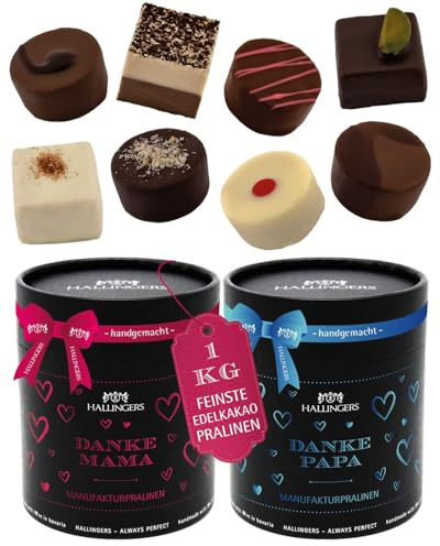 Hallingers Genuss Manufaktur Pralinen Muttertagsgeschenk - ohne Alkohol, handmade aus Edelkakao Doppelpack in wertiger Geschenkdose Danke Mama & Da..., Geschenkidee für Mama Papa